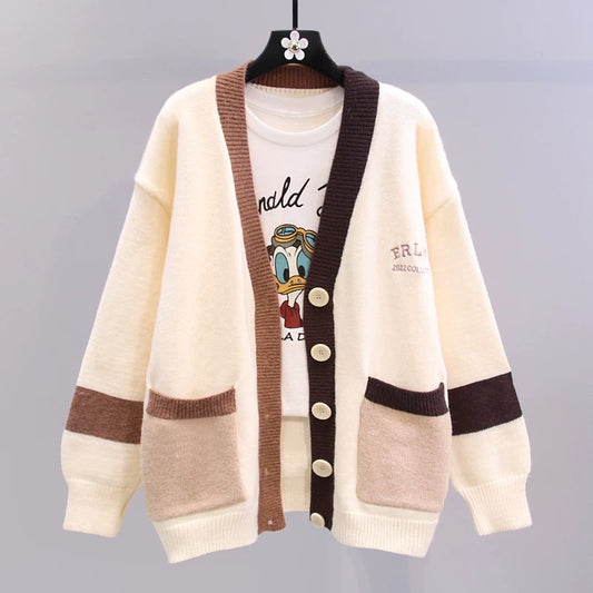 Contrast color letter sweater jacket women's autumn and winter 2022 new Japanese loose college style color matching V-neck knitted cardigan
