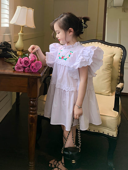 Original Girls White Dress Summer Dress New Small Flying Sleeve Skirt Children's Western Style Embroidered Little Girl Princess Dress