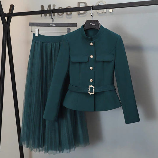 Miss DG autumn suit women's 2022 new fashion foreign style jacket all-match slim mesh skirt two-piece set