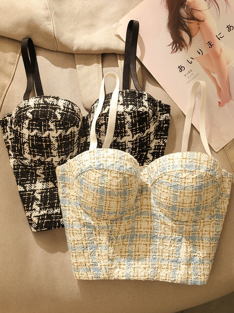 French Houndstooth Fishbone Camisole Small Vest Women's Sexy Shaping Bra with Breast Pads Bottom Tube Top