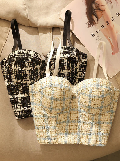 French Houndstooth Fishbone Camisole Small Vest Women's Sexy Shaping Bra with Breast Pads Bottom Tube Top