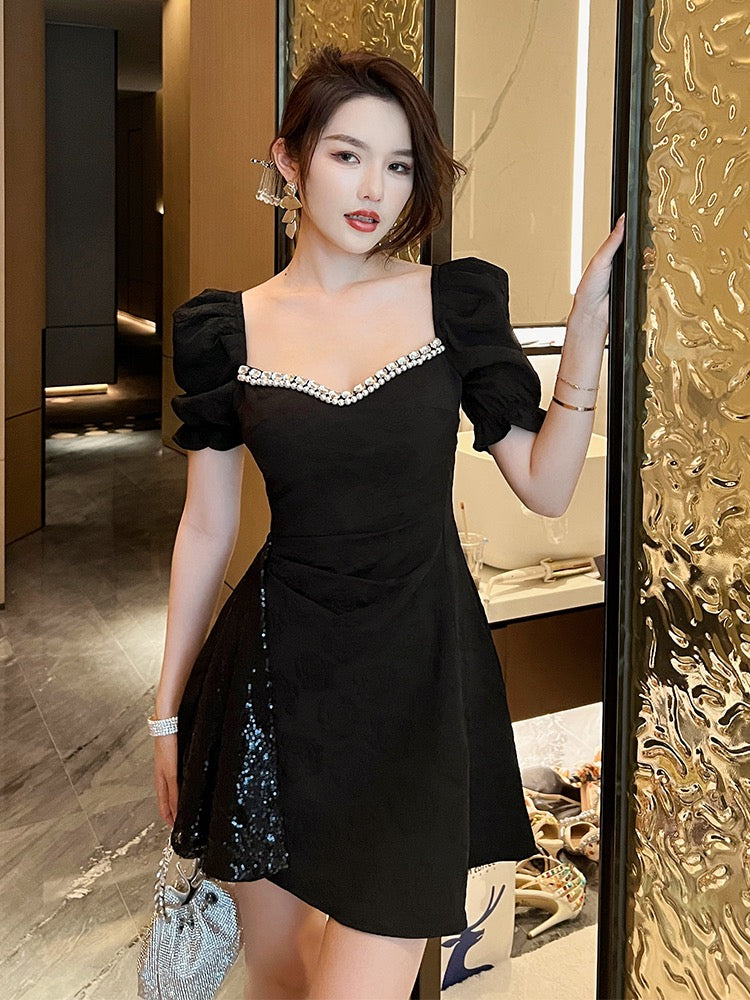 Black Puff Sleeve Splicing Receive Waist Small A-line Dress Summer Sexy Temperament Goddess Fan Elegant Little Black Dress 2008