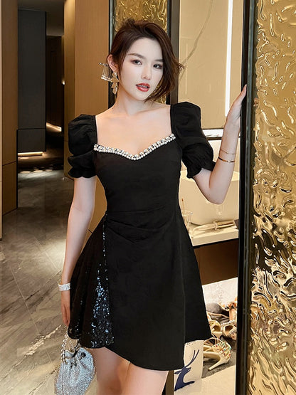 Black Puff Sleeve Splicing Receive Waist Small A-line Dress Summer Sexy Temperament Goddess Fan Elegant Little Black Dress 2008