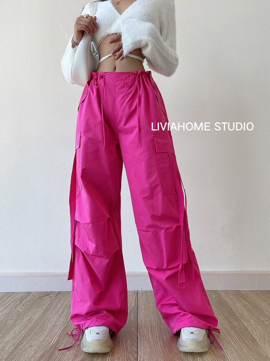 New Women Japanese High Waist Overalls Pocket Cargo Pants Fashion Loose  Trousers