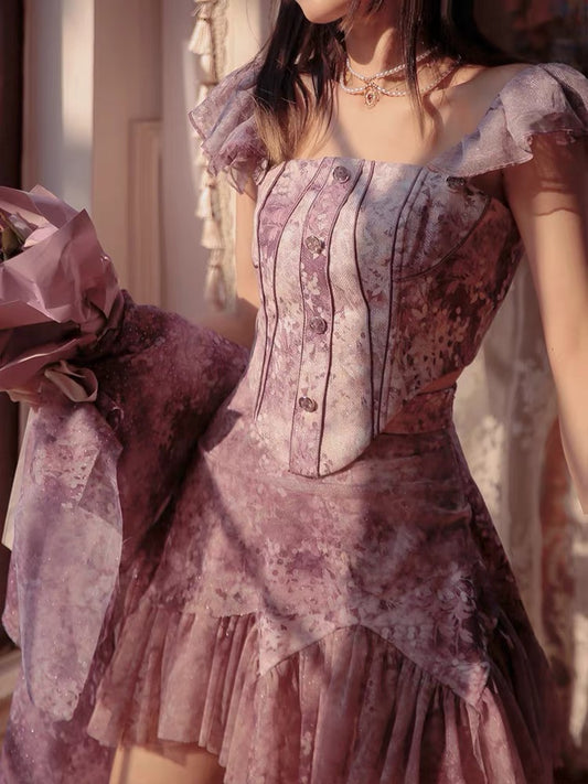 JZ Craftsman "Lilac Flower Fairy" dress 2022 summer new women's French high-end suit skirt 1324