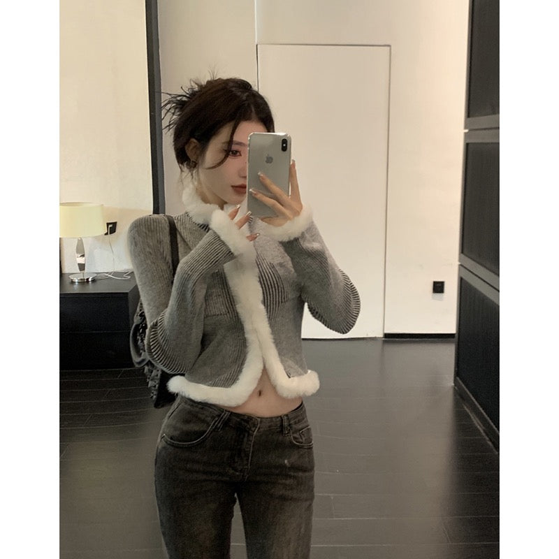 High-end super-good-looking sweater women's autumn and winter 2023 new design sense fur stitching chic long-sleeved sweater