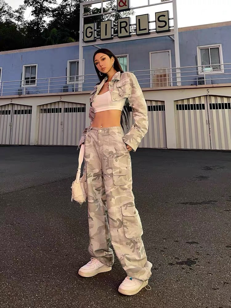 Wild zero gray camouflage overalls women's summer American high-waisted loose-fitting wide-leg straight casual pants