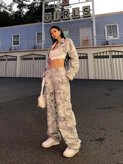 Wild zero gray camouflage overalls women's summer American high-waisted loose-fitting wide-leg straight casual pants