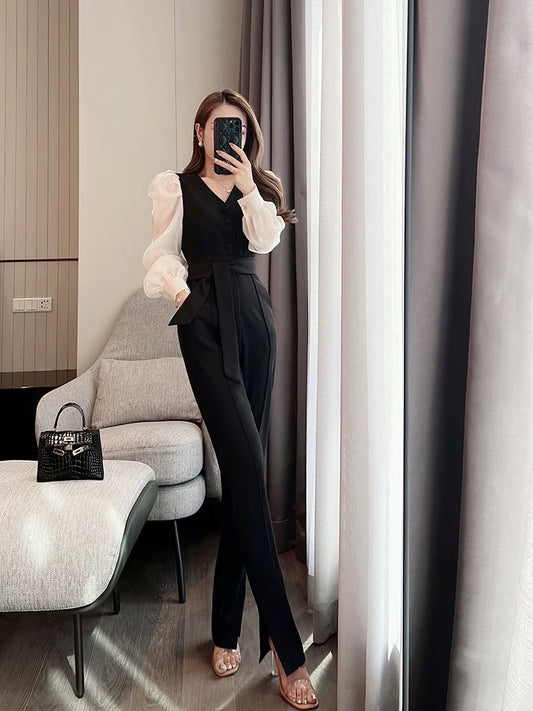 Miss Dong high-end custom 2022 new black trousers French ladies temperament slit tie high waist jumpsuit 1783