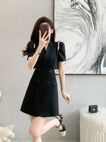 2023 summer new French temperament British style high-end design sense niche black waist suit dress female
