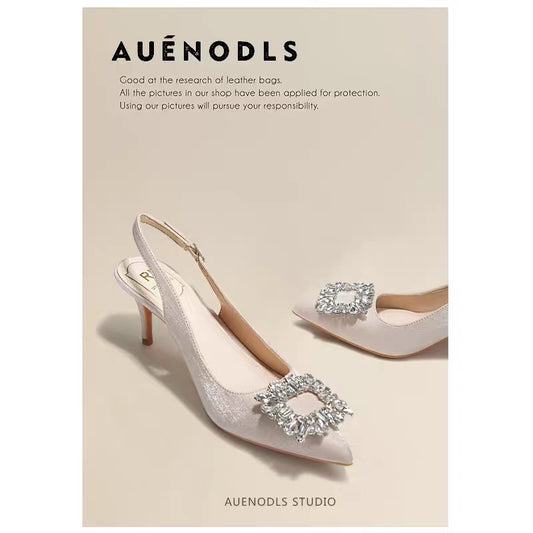 AUENODLS French rhinestone square buckle back empty strap pointed sandals apricot temperament simple stiletto high heels women