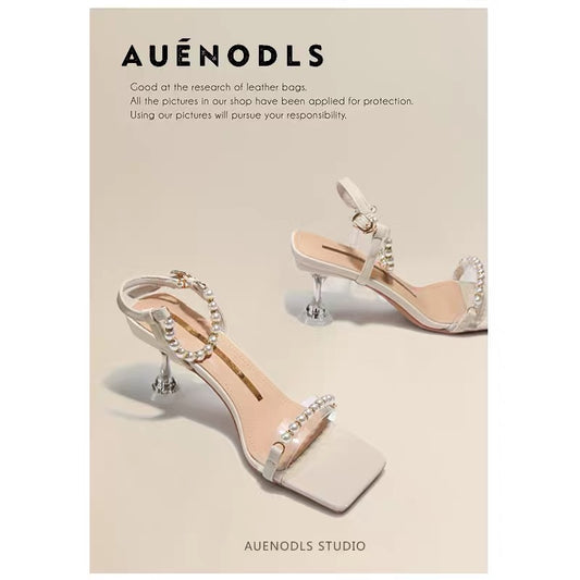 AUENODLS nude white word with pearl Roman sandals women's outer wear French open toe stiletto high heels summer