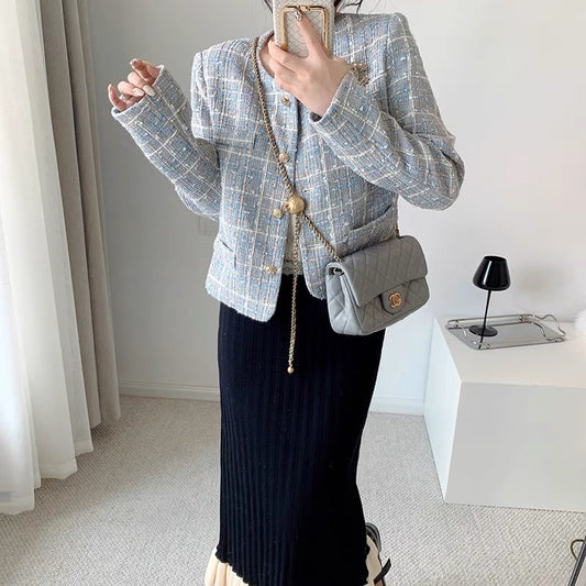 CHICROOM blue plaid small fragrance coat women's spring and autumn small retro wool knitted short top