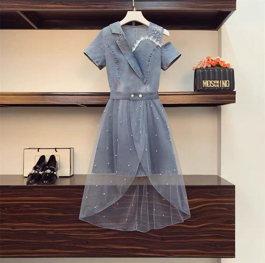 Plus size women's fat sister 2022 summer new beaded denim dress mesh skirt two-piece suit