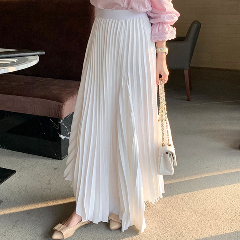 Korean chic autumn gentle temperament high waist thin irregular design large swing type pleated skirt long skirt female