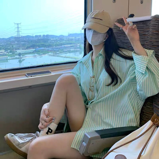 Temperament green striped shirt women's summer thin long-sleeved loose sunscreen shirt mid-length salt series wild top