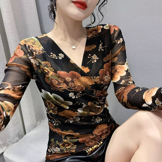 Sexy cross V-neck flower color printing mesh T-shirt women's European station autumn dress temperament is thin and foreign-style bottoming top trendy