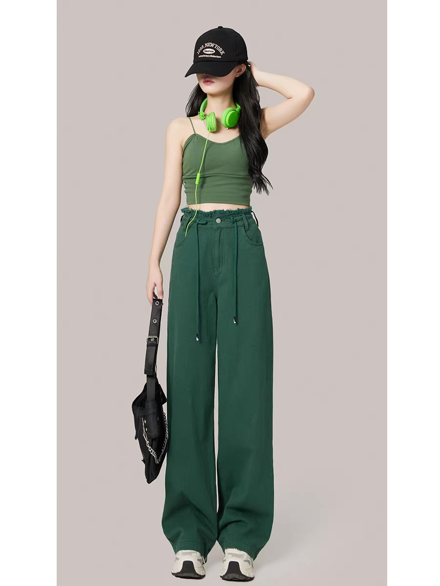 Design sense wide-leg jeans women's 2022 autumn new high waist drawstring slim straight mopping pants long pants