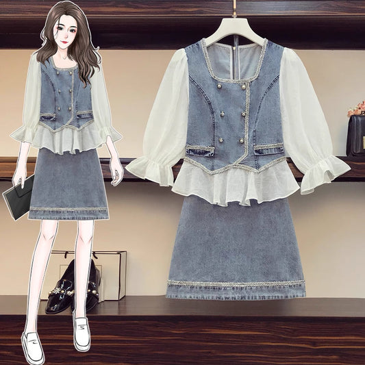 Large size women's clothing 2021 summer new fat sister show thin and reduce age fried street cover belly denim skirt two-piece suit