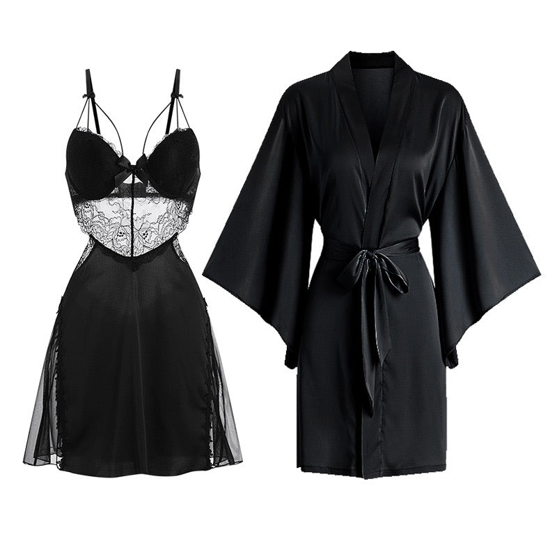 Pajamas women's sexy high-end summer ice silk lace backless suspenders chest pad nightdress long-sleeved two-piece set