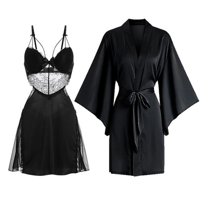 Pajamas women's sexy high-end summer ice silk lace backless suspenders chest pad nightdress long-sleeved two-piece set