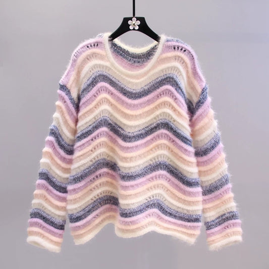 Japanese Rainbow Striped Sweater Women's 2022 Early Autumn New Loose Fashion Outer Western Hollow Knitted Top