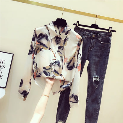 Long-sleeved shirt women 2022 early autumn new retro design sense niche printed chiffon shirt women's fashion tops