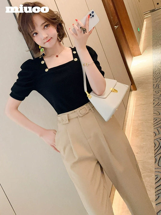 miuco temperament square neck puff sleeve short-sleeved top + rolled tapered high waist pants suit female 2021 spring and summer new