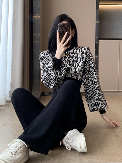 Xiaoxiangfeng Knitted Casual Fashion Suit Women's Autumn and Winter Waist Reduction Age Temperament Ladies Wide-leg Pants Two-piece Western Style