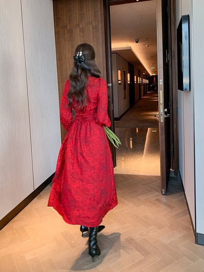 European Station Autumn and Winter Long Dress Stunning Temperament Retro Red Long Sleeves High Sense Waist French Floral Dress