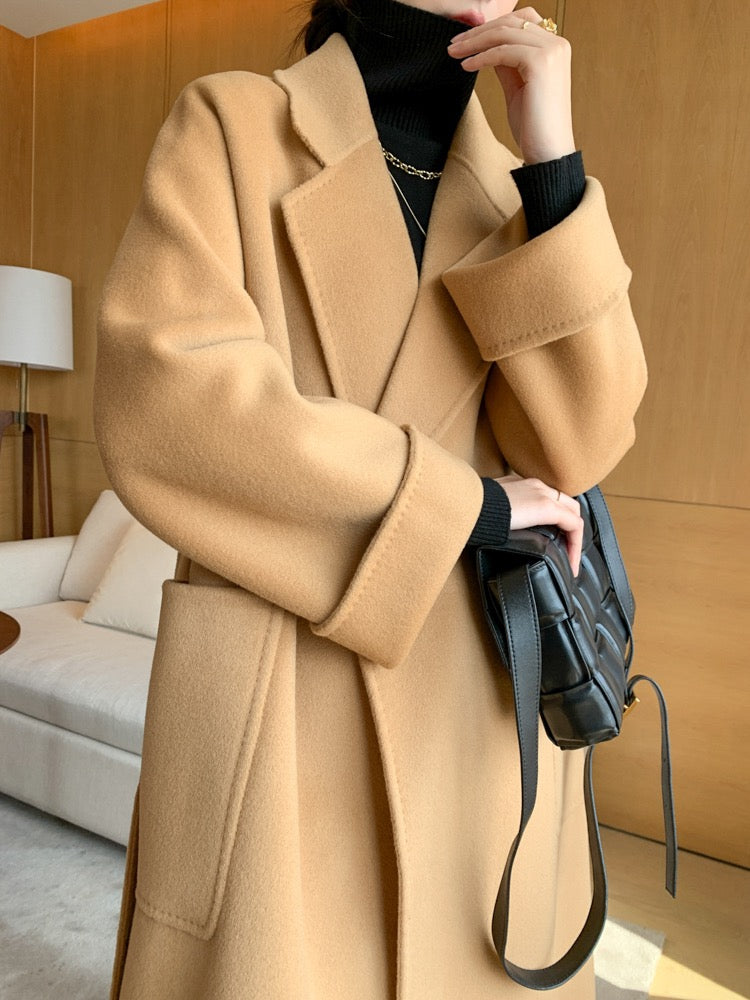2022 autumn and winter new double-sided cashmere coat women's high-end thick water ripple mid-length woolen woolen coat