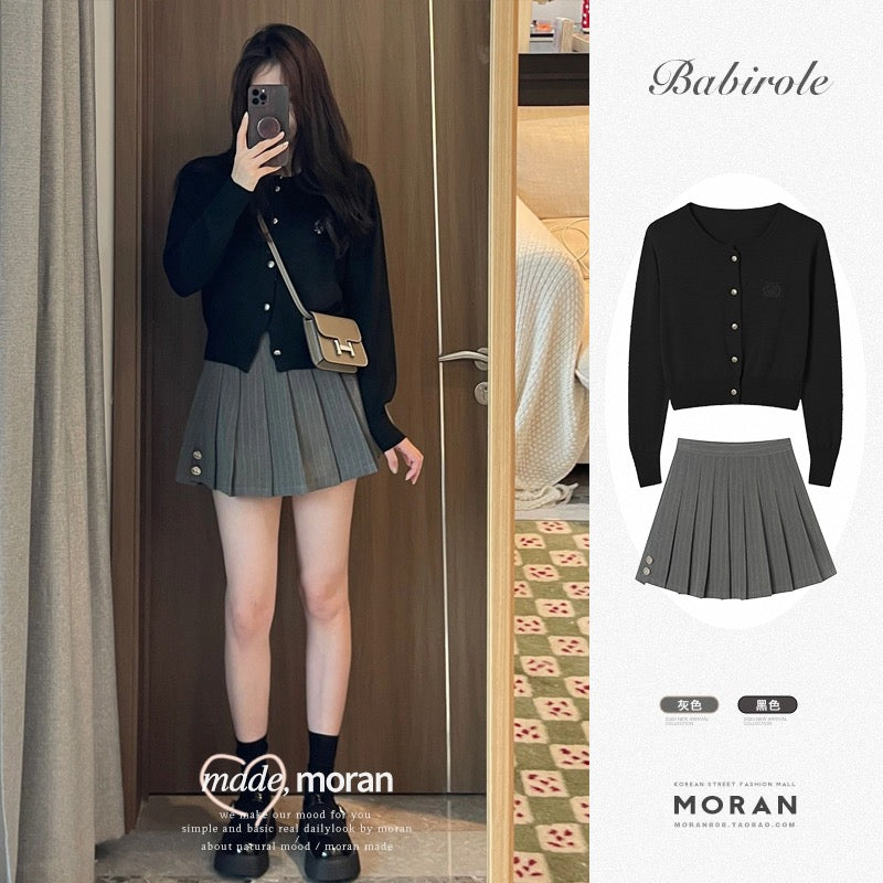 Tea style wears a whole two-piece suit, small fragrant wind, Korean style college knitted cardigan coat, pleated skirt, small spring