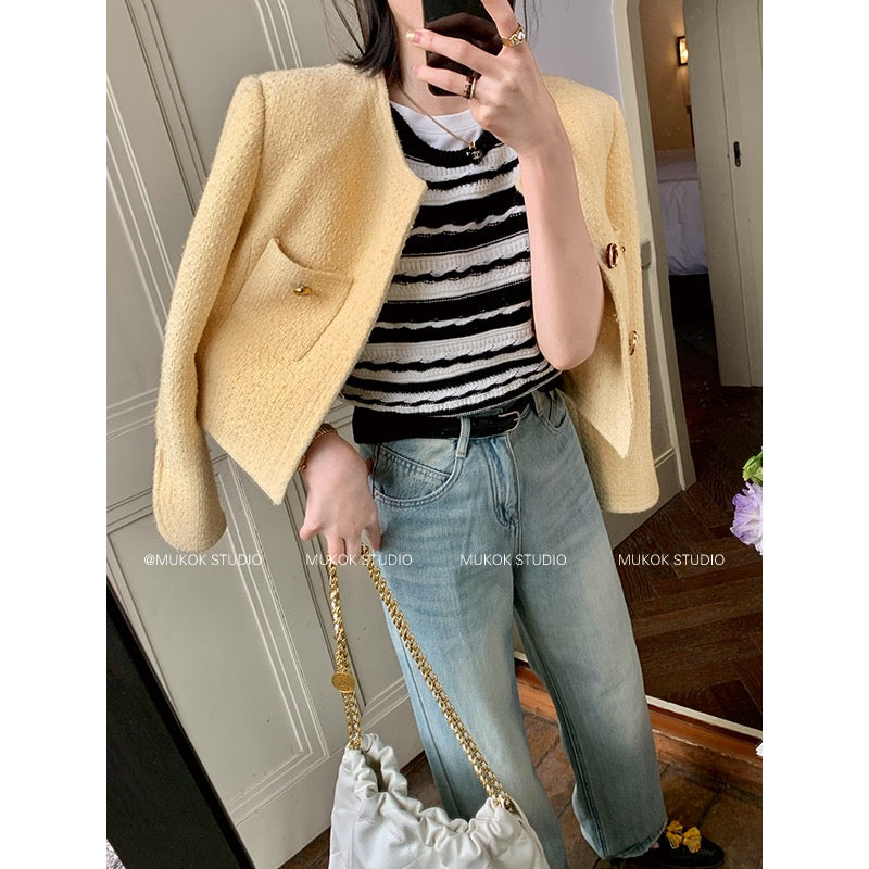 MUKOK wool small fragrance short jacket female 2023 spring new solid color temperament fashion all-match small top