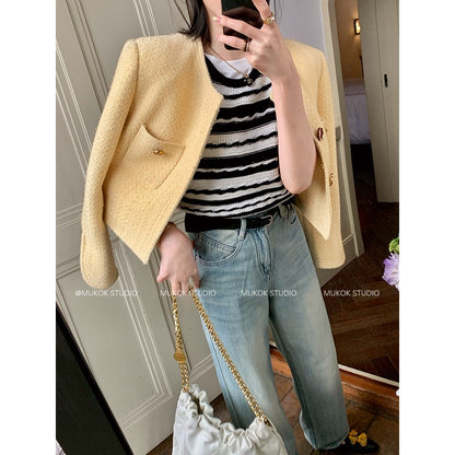MUKOK wool small fragrance short jacket female 2023 spring new solid color temperament fashion all-match small top