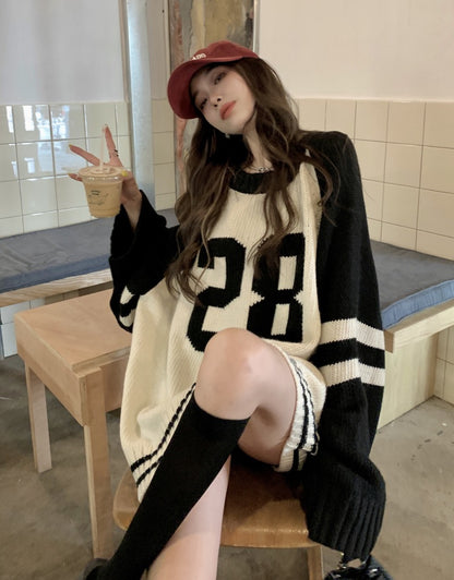 kumikumi loose all-match lazy wind sweater women 2022 autumn new contrast color round neck pullover knitted top