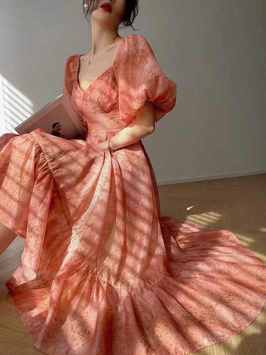 Aconiconi｜Sunset Fireworks French retro niche high-end print v-neck puff sleeve long dress