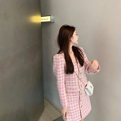 Pink small fragrant wind suit skirt women 2022 autumn new high-end casual fashion celebrity skirt two-piece set