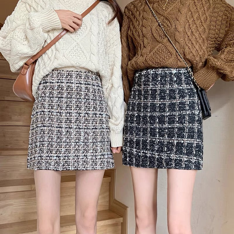 Plaid tweed skirt women's large size fat mm autumn and winter bright silk students small fragrant style a-line skirt bag hip skirt