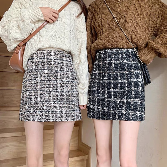 Plaid tweed skirt women's large size fat mm autumn and winter bright silk students small fragrant style a-line skirt bag hip skirt