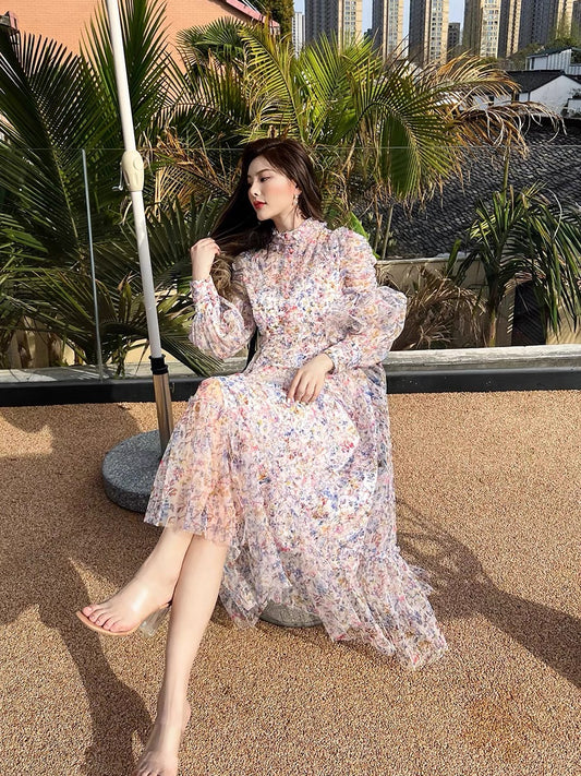 Romantic palace style beautiful fairy floral dress spring and summer temperament super fairy 2022 new women's long-sleeved dress 1417