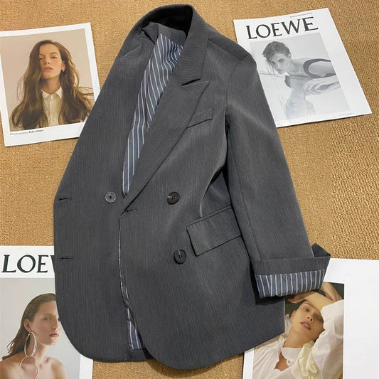 Grey suit jacket women's 2022 autumn new double-breasted casual all-match design trendy temperament suit 1757