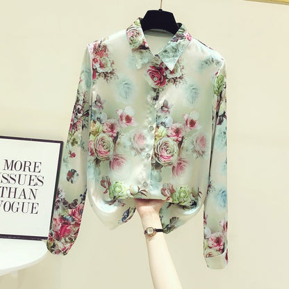 High-end sense shirt women's light luxury long-sleeved early autumn new European station fashion foreign temperament retro chiffon floral top