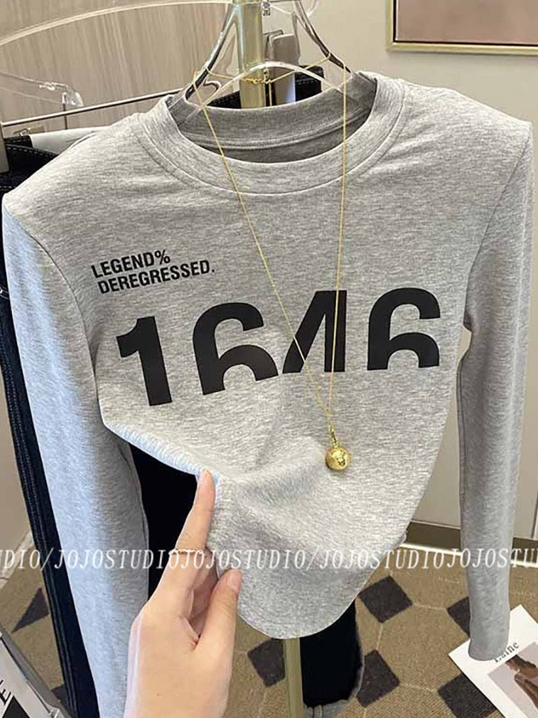 Western style all-match shoulder pads long-sleeved bottoming shirt women 2023 spring and autumn new design sense print plus thin velvet T-shirt top