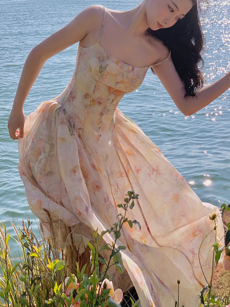 Xiaoli After the Rain Rose Floral Chiffon Sling Dress Spring 2023 New French Holiday Fairy Long Skirt