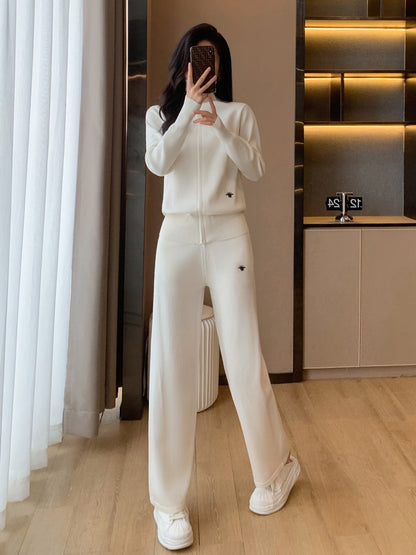 2022 new knitted casual fashion sports age-reducing turtleneck sweater wide-leg pants two-piece suit female autumn and winter style
