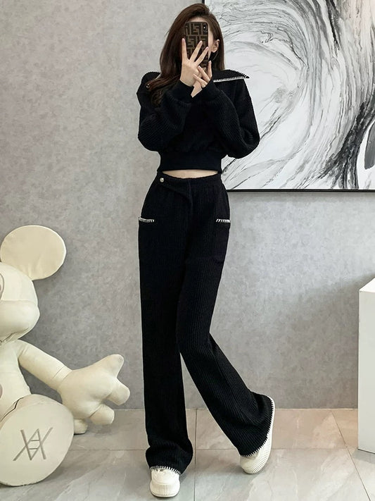 High-quality wide-leg pants casual suit women's early autumn 2022 new thin long-sleeved sweater sports fried street two-piece set