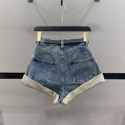 2023 Spring New Design Bud High Waist Denim Shorts Women Look Thin A-Line Wide Leg Casual Curling Hot Pants