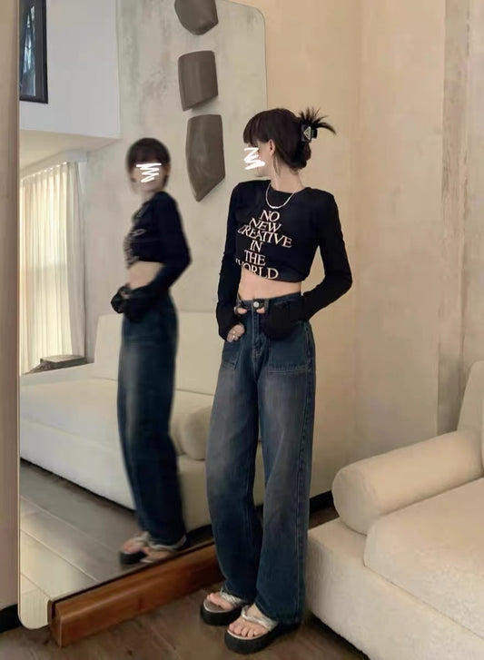 1115 American temperament retro washed jeans loose mopping trousers women's summer high waist slim straight wide leg pants
