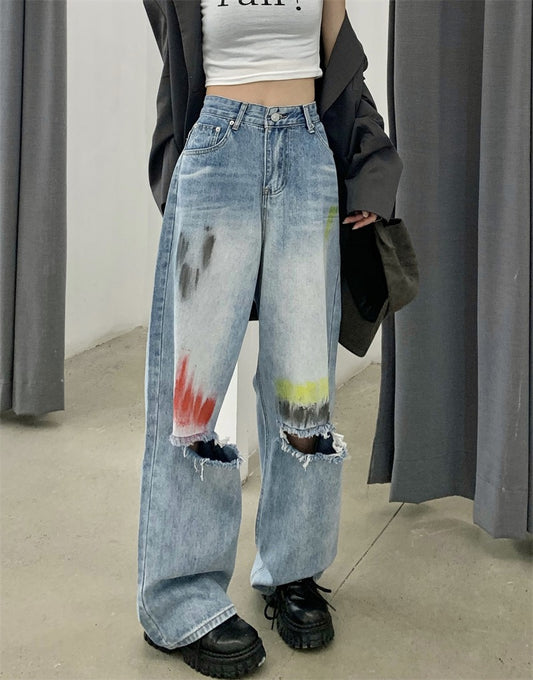 Light-colored ripped straight jeans women's spring ins tide high waist loose design sense wide niche leg pants trousers