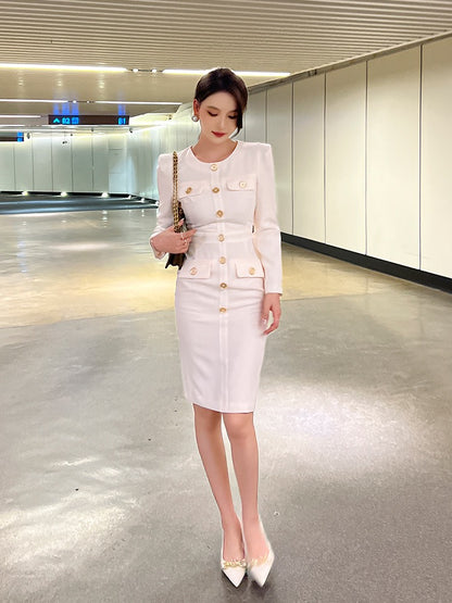 European station intellectual light mature temperament elegant red dress female autumn and winter commuting French shirt bag hip skirt